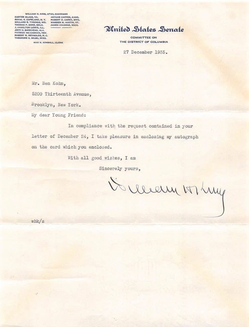 William King Utah Senator Vintage Autograph Signed Senate Letterhead 1935