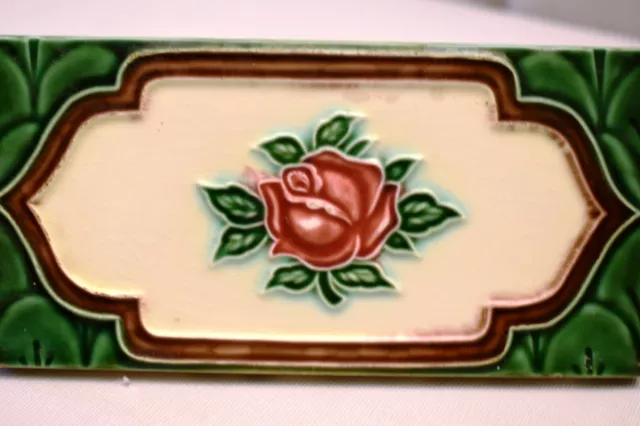 Antique Border Tile Art Nouveau Majolica Japan Rose Ceramic Porcelain Green "06 2