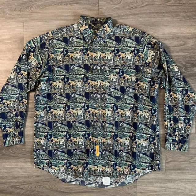 BD Baggies Button Down Shirt Train Print Mens Large Navy Long Sleeve Casual