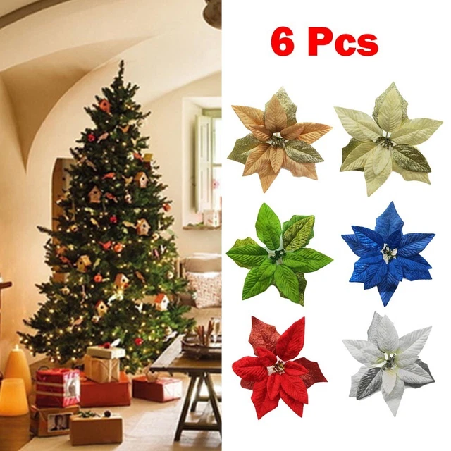 6X Navidad 22cm Grande Poinsettia Brillo Flor Árbol Colgante Fiesta Decoración