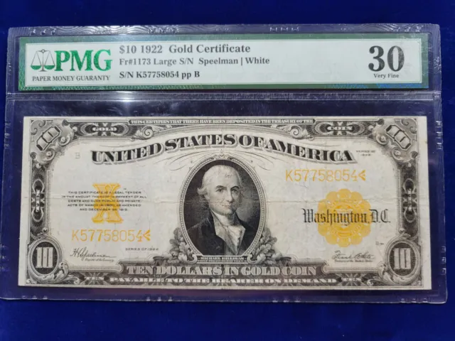 🌟 1922 $10 Ten Dollar Gold Certificate Fr#1173 PMG Very Fine 30 Speelman/White