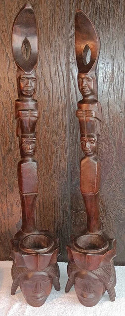 Vintage Pair Philippine Hand Carved Wood Head Hunter Totem Planters/Wine Dippers