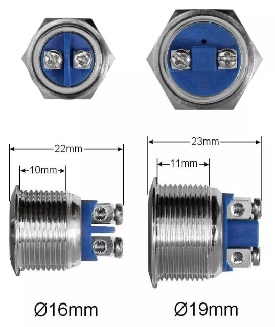 Chrom Taster Klingeltaster KFZ Start Motorrad 16mm, 19mm, Schließer Metall Zink 2