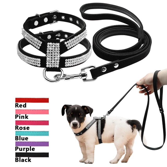 Rhinestones Dog Harness&Leads Soft Leather Padded for Pets Puppy Pink Black Red