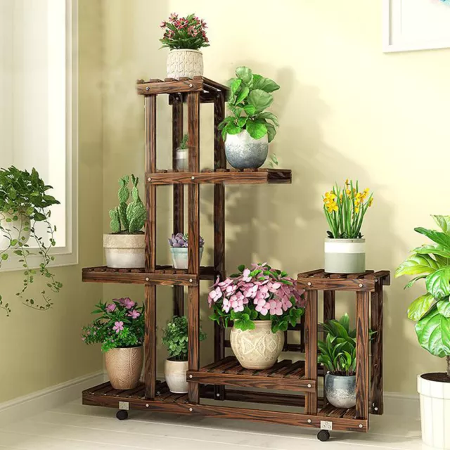 Heavy Duty Rolling 6Tier Wood Plant Stand Multiple Planter Holder Indoor Outdoor