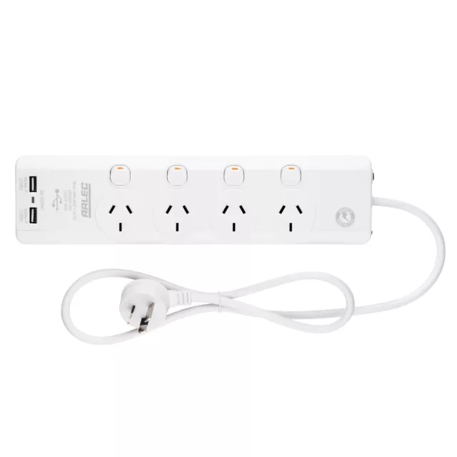 Arlec 4 Outlet Surge Protected Powerboard With USB Charger