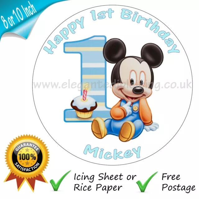 Baby Mickey Mouse 1St Birthday Cake Personalised Edible Round Cake Topper