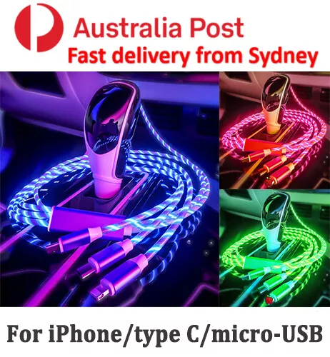 3 in 1 LED Glowing Charging Cable For iPhone Light USB Type C Micro iPad Android