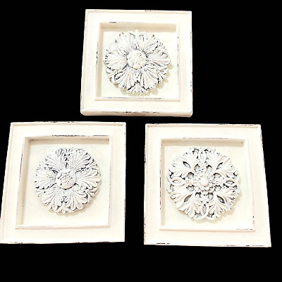 Farmhouse Style Pictures White Chalk Paint Antiqued Ornate Set of 3 Wall Decor