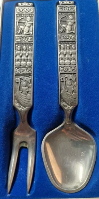 BOXED-Vintage Norwegian Konge-Tinn Pewter Spoon & Fork Serving Set Viking Design