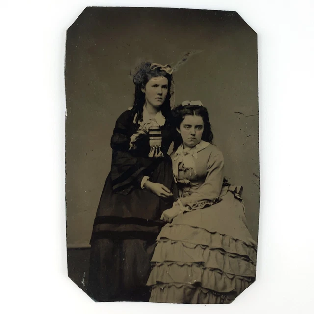 Grumpy Young Women Hugging Tintype c1870 Antique 1/6 Plate Ladies Photo Art D941