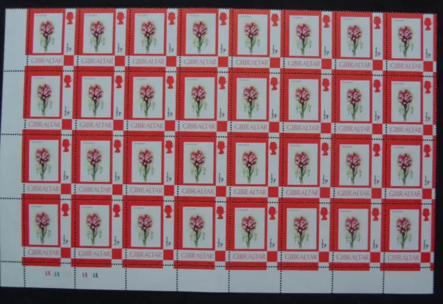 Gibraltar part sheet of 32 stamps from 1982 1/2p Flowers MNH see 4 scans