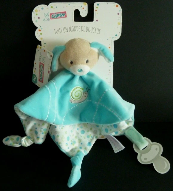 N. Doudou Gipsy Plat Chien Bleu Blanc Vert Escargot Attache Tetine - 100%  Neuf