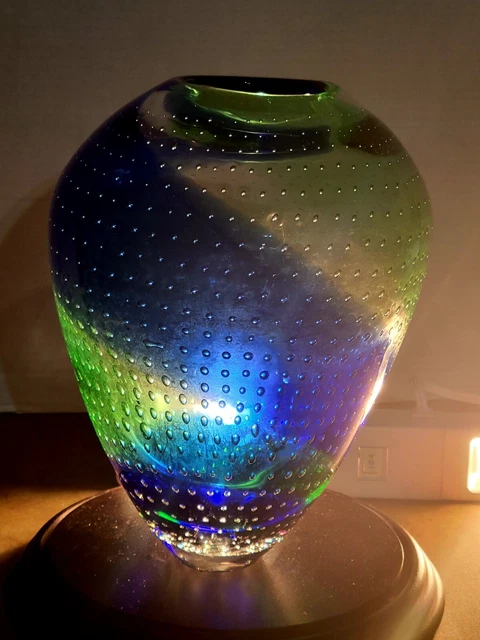 Murano? Glass Vase Bullicante Bubbles Swirled Blue 10"