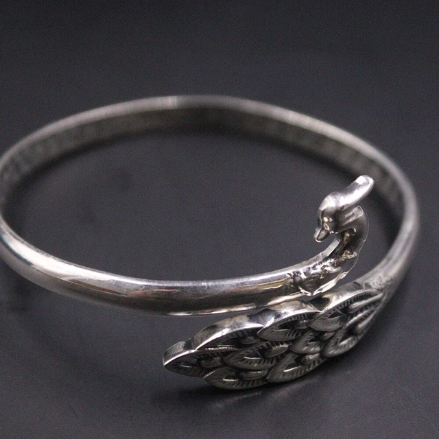 Pure Silver Bangle Bracelet Peacock Vintage Handmade Women's Cuff Bangle Gift