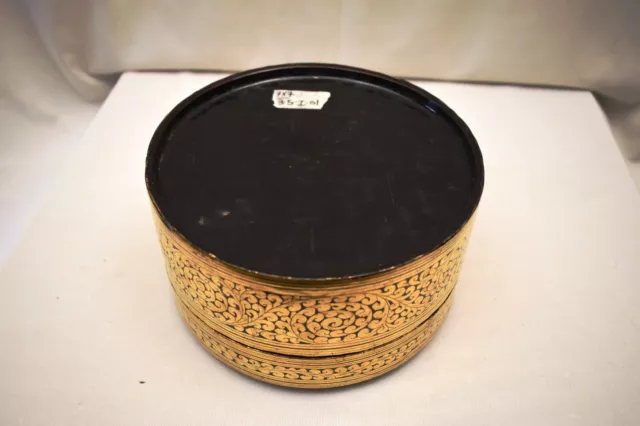 Antique Burmese Betel Nut Box Gilt Lacquerware Myanmar Floral Gold Painted Old"5 8