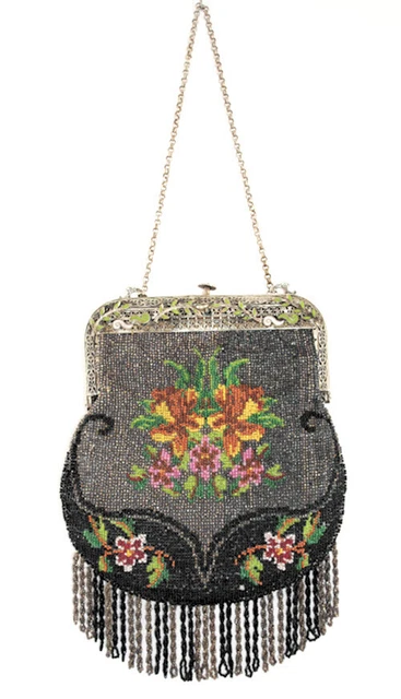 Gorgeous Antique Handmade Micro Bead Purse Floral Design Silver/Enamel Frame