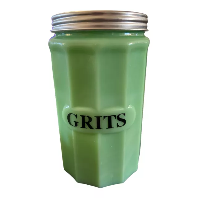 Jadeite Green Glass Large Grits Canister with Metal Lid in Excellent Condition