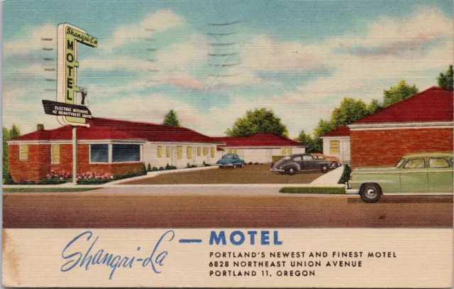 Shangri-la Motel Portland OR Oregon USA Green Auto 1950s Postcard H44