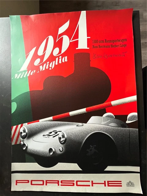 VERY RARE ICONIC 33x23 poster Porsche 550 Mille Miglia signed Hans ...