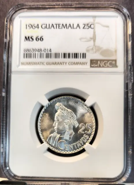 1964 Guatemala Silver 25 Centavos Native Head Ngc Ms 66 Gem Bu Low Mintage