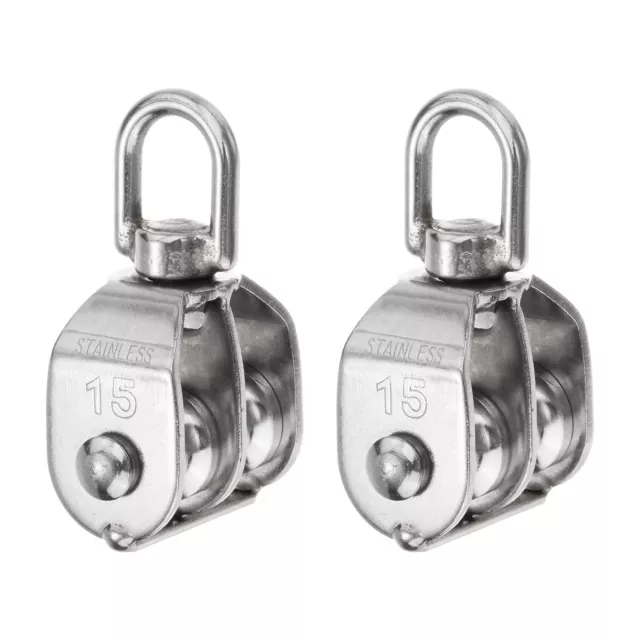 2pcs M15 Double Pulley Block, Stainless Steel Swivel Rigging Lifting Wheel