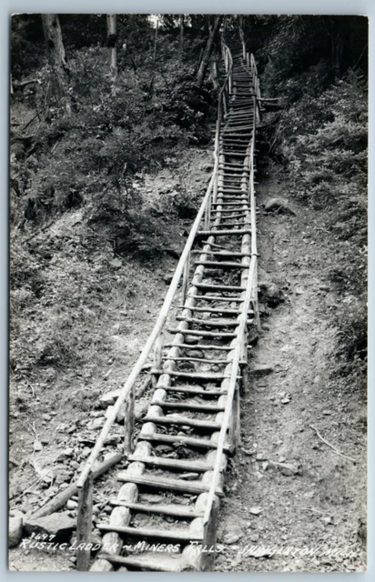 RPPC Rustic Ladders Miners Falls Shingleton Michigan MI Real Photo Postcard