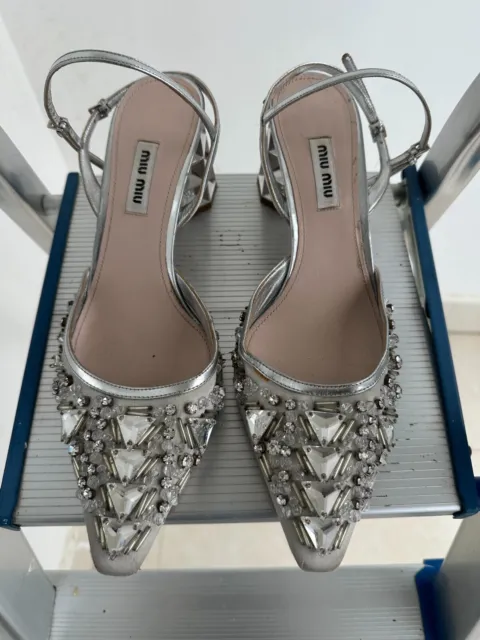 Miu Miu Silver/Grey Leather And Satin Crystal Embellished Block Heel Size 38.5