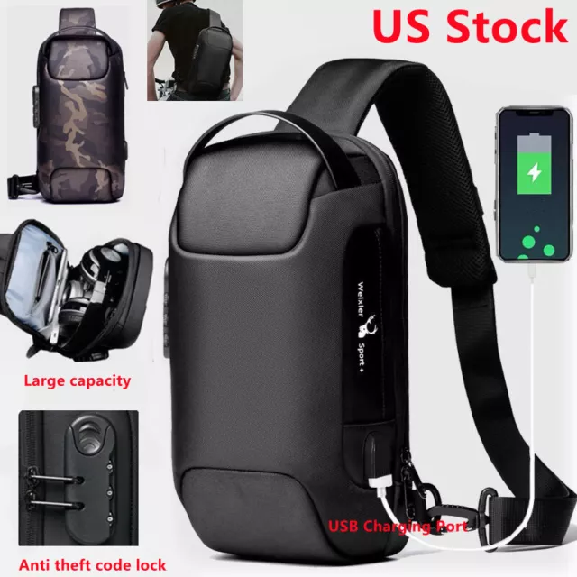 Men's Sling Backpack Waterproof Anti-theft Shoulder Crossbody Chest Bag USB Port