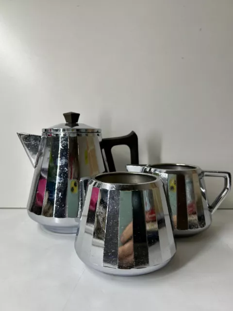 Vintage/Retro Stainless Steel Swan Doric Ware Teapot, Sugar Bowl and Milk Jug
