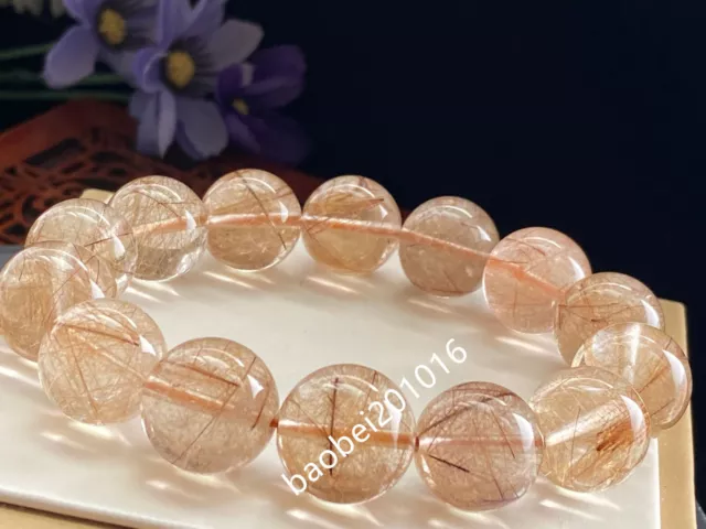 16MM  Natural Hair Rutilated Quartz Crystal Round Beads Bracelet AAA 12472