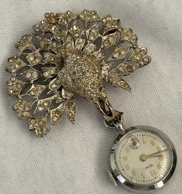 Antique Sterling Silver & Enamel Peacock Lapel Watch Vintage Brooch Pin