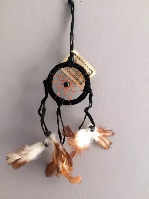 Attrape rêves dreamcatcher noir en cuir et plumes pour voiture, caravane, etc..