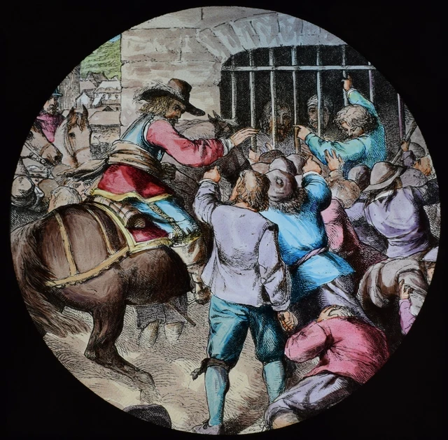 ANTIQUE Magic Lantern Slide PILGRIMS PROGRESS NO63 C1890 HORSEMAN IN CROWD