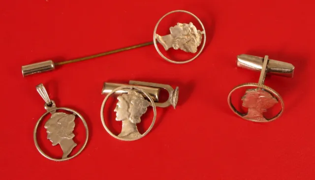 Vintage Mercury Dime Coin Cut-Out Cufflink Pendant Hat Pin Set Needs Repair !!!