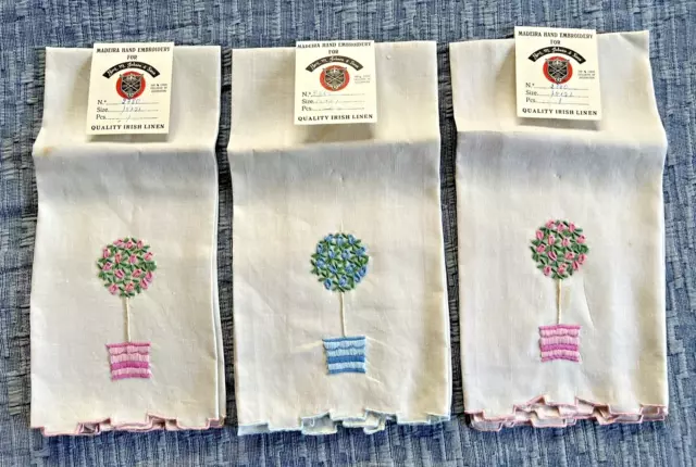 Lot of 3 Vintage Madeira Rose Tree Finger Tip Towels - 2 Pink 1 Blue