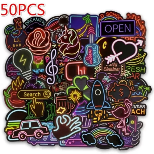 50Pcs neon light style cute stickers for suitcase laptop guitar cool doodle-