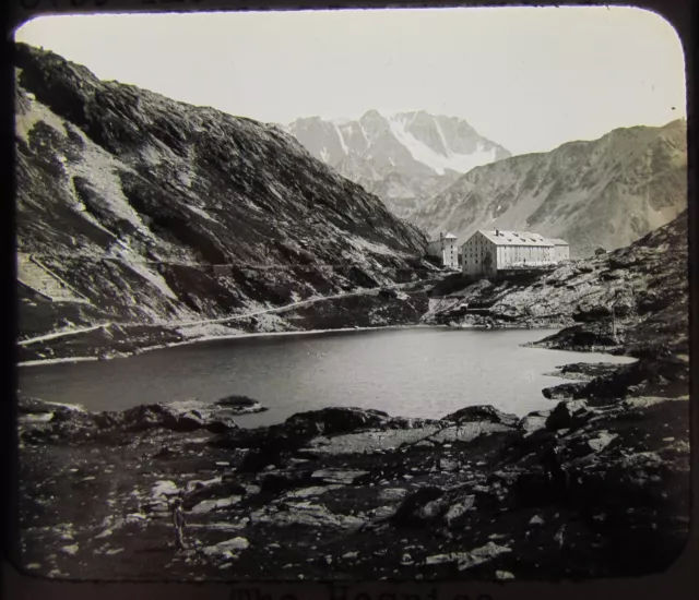 Glas magische Laterne Rutsche DER GROSSE ST BERNHARD DAS HOSPIZ C1910 SCHWEIZ