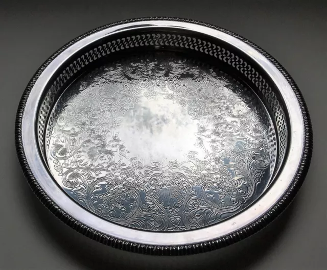 Vintage Wm Rogers Silver Plate 9.5" Round Reticulated Gallery Tray