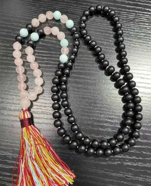 Handmade 8mm 108 frosted black agate pink crystal knot necklace Bohemia Beaded