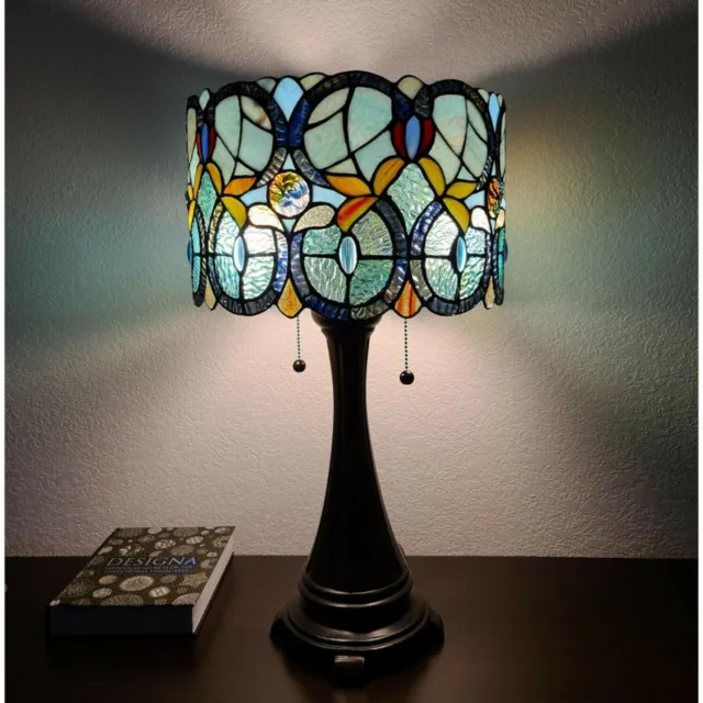 Stained Glass Drum Shade Floral Table Lamp Accent Reading 21in Tiffany Style