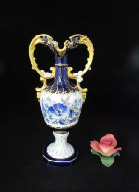 Antique Royal Dux Porcelain Urn or Vase, Cobalt Blue & White w Heavy Gold