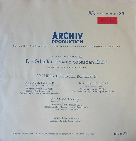 Bach Brandenburgische Konzerte Nr. 1, Nr. 4, Nr. 6 Archiv Produktion Vinyl LP