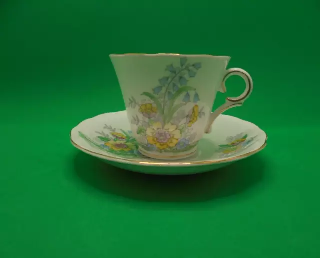 Colcough Bone China Teacup & Saucer Yellow & Blue Flowers Scalloped Gold Trim