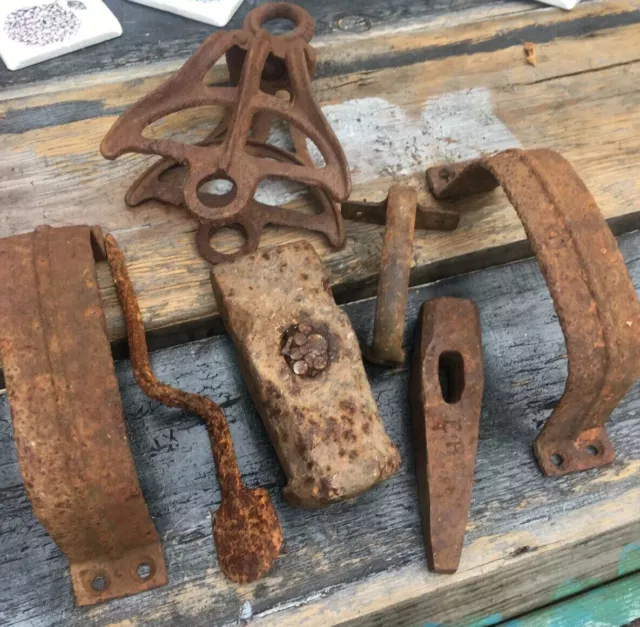 Huge Old Cast Iron Barn Lot Ax Heads Pulley Hardware Aafa Repurpose