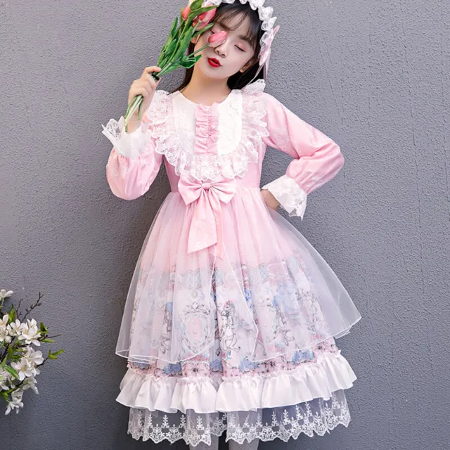Lolita Kid Girls Ruffle Dress Long Sleeve Bow Party Wedding Prom Princess Sweet