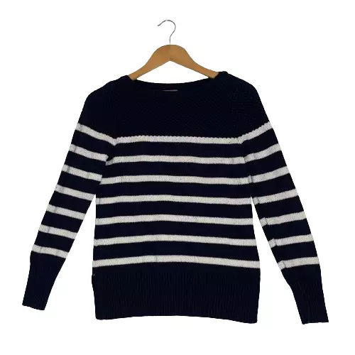 KENAR WOMEN SWEATER Small Blue White Striped Long Sleeve Crew Neck ...