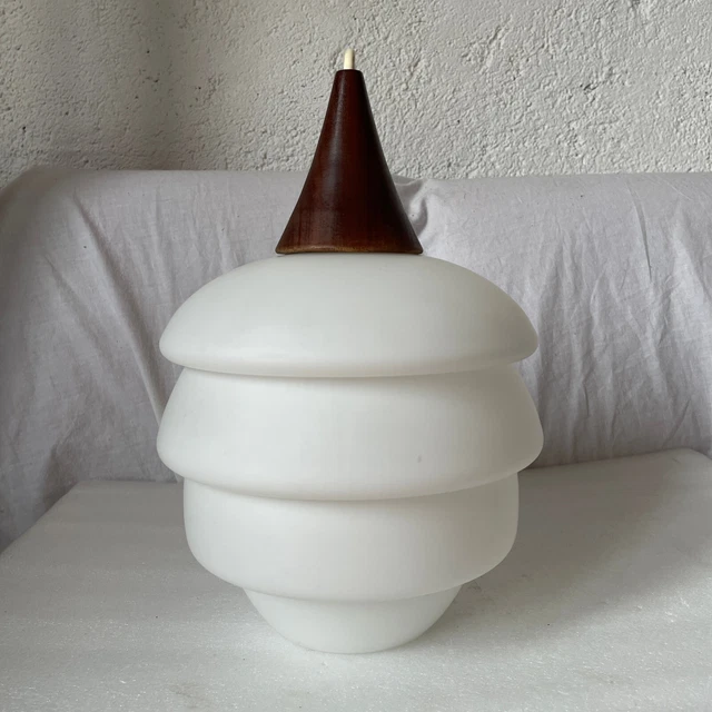 Suspension Holmegaard – Opaline Et Teck – Danemark 1960s – Abat-jour E27