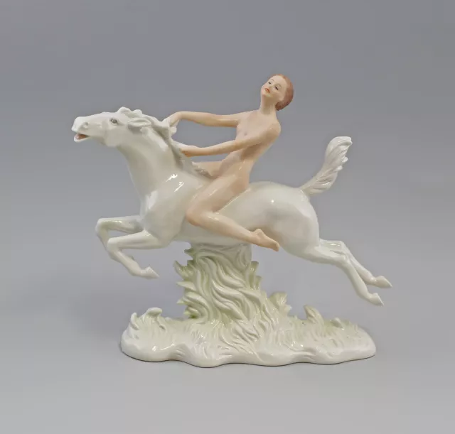 9941720 Porcelana Figura Wallendorf Mujer Chica Desnudo en Caballo 27x24cm