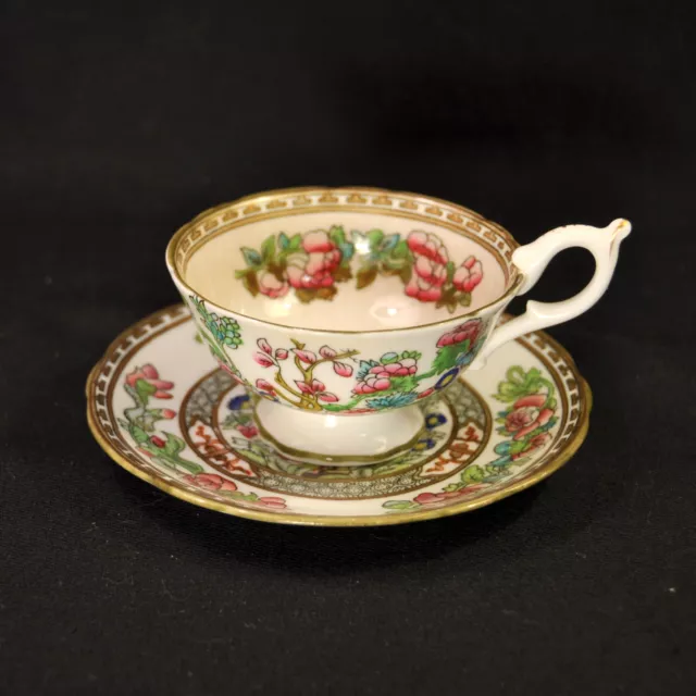 Coalport Pedestal Cup & Saucer India Tree Rust Red Green Brown w/Gold 1891-1919